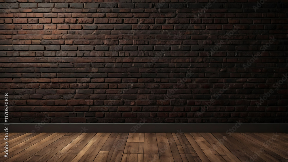 Fototapeta premium Dark brick wall texture and a wooden floor, creating a warm and inviting atmosphere.