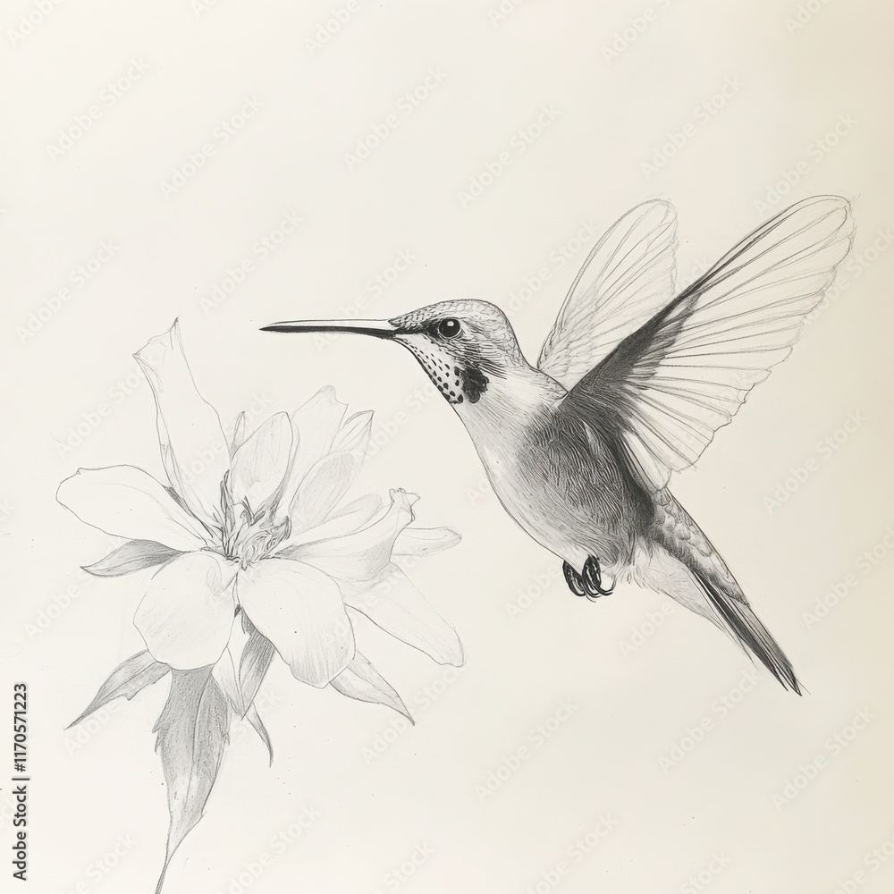 Naklejka premium Hummingbird gracefully hovering near flower with delicate wings in a serene garden setting