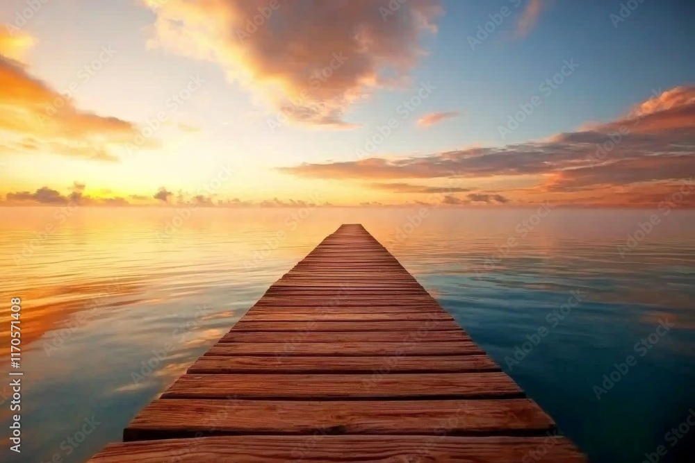 Obraz premium A rustic wooden pier extends over a calm lake at sunrise, reflecting soft orange and pink hues across the misty water, creating a serene atmosphere with open space