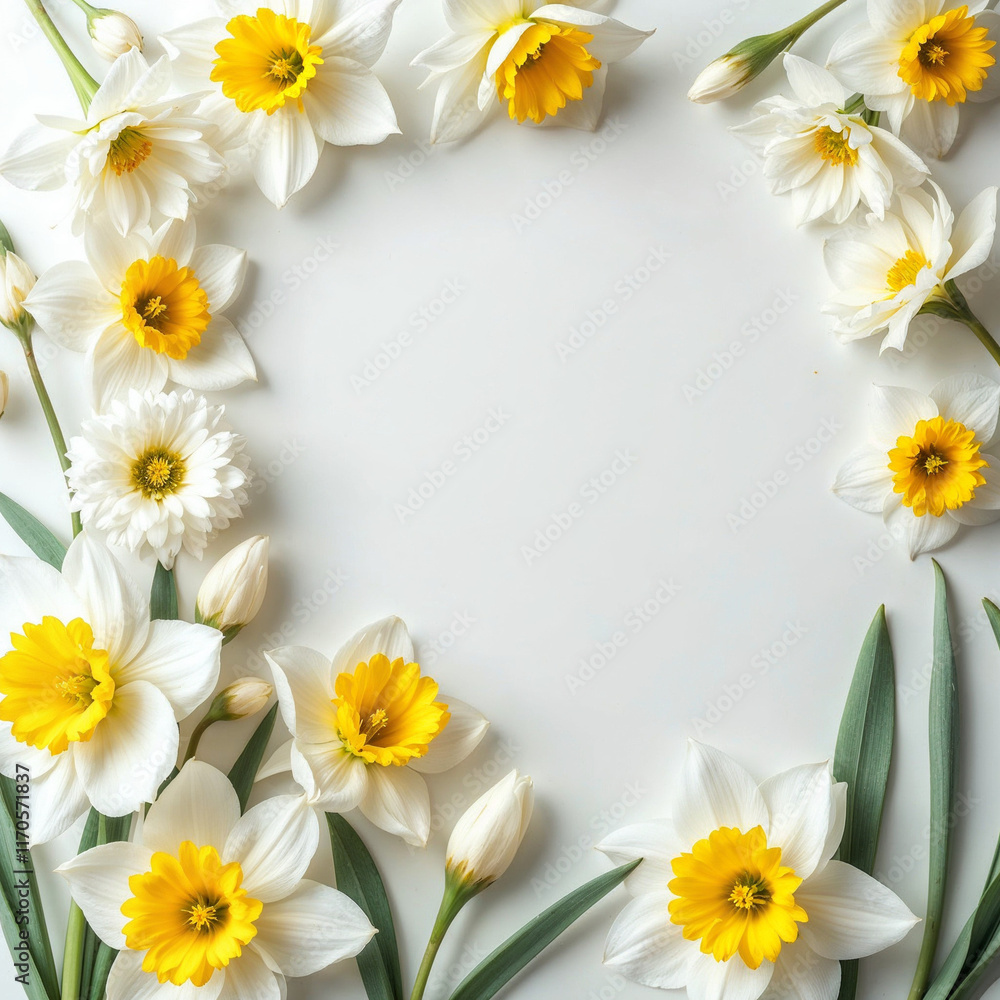 Obraz premium Concept photo of white daffodils, yellow daffodils with space for text