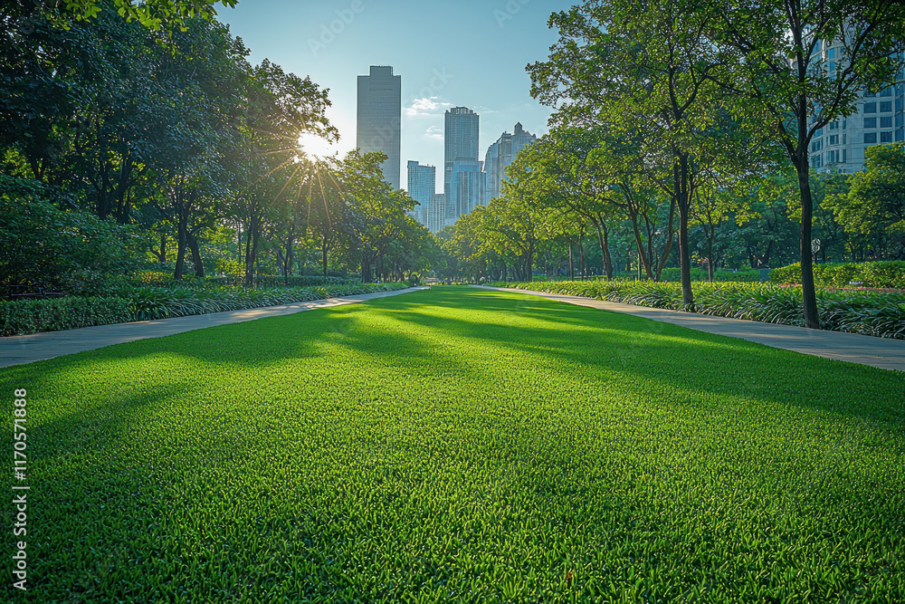 Lush green park with city skyline background at sunset. Lush green park with city skyline background at sunset.