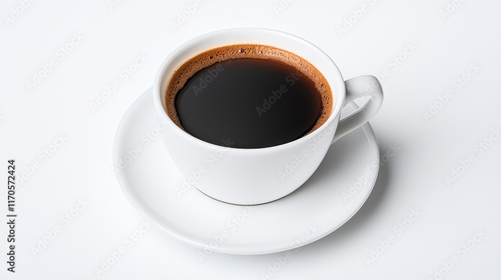 Black coffee in a white cup on a saucer against a white background. Black coffee in a white cup on a saucer against a white background.