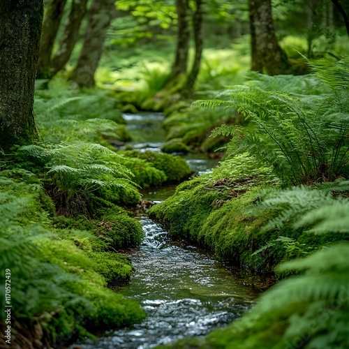 Serene Forest Stream, Lush Greenery, Mossy Banks, Tranquil Nature Scene