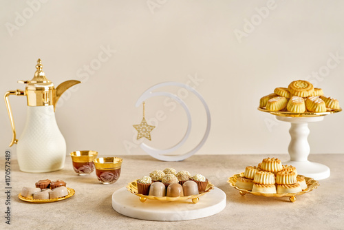 Assorted semolina maamoul or mamoul cookies , chocolate candy , awameh or lokma with dallah and ramadan decor crescent moon. Traditional arabic Eid al Adha, Eid al Fitr , Ramadan sweets