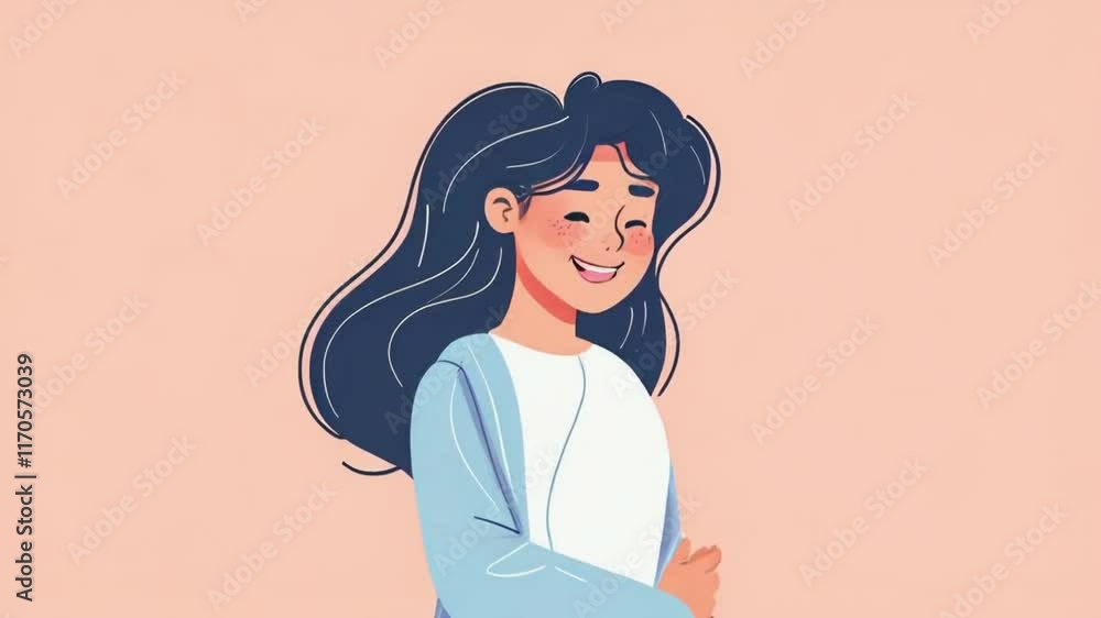 A cheerful girl with long dark hair smiles warmly against a soft pastel background. A cheerful girl with long dark hair smiles warmly against a soft pastel background.