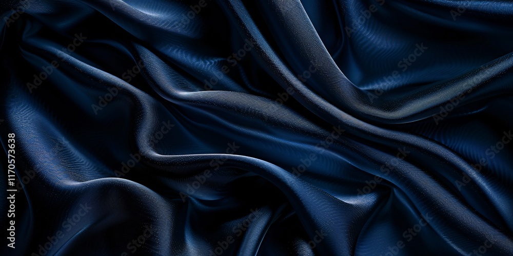 Obraz premium Blue wavy smooth shiny silk fabric texture luxurious background with copy space