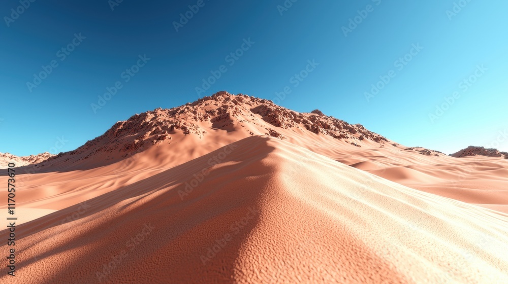 Naklejka premium A vast desert landscape features smooth sand dunes and a clear blue sky, creating a serene and expansive natural scene.