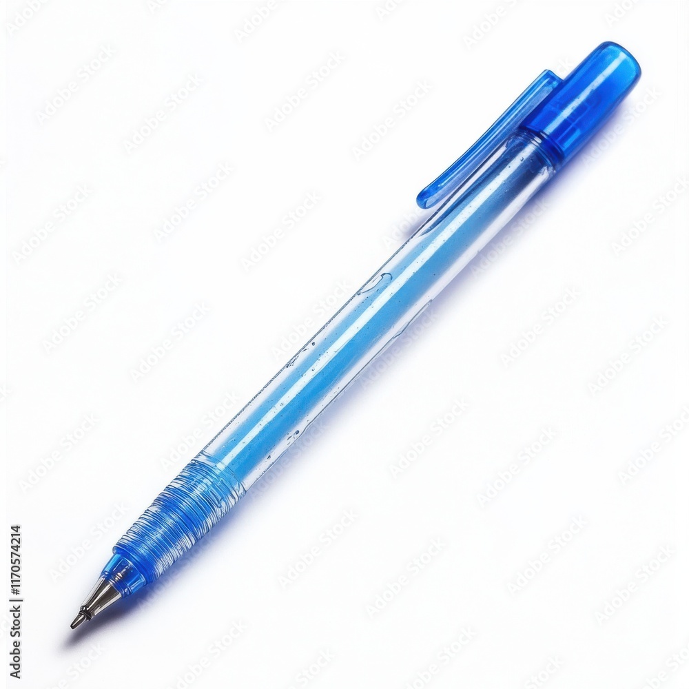 Blue ink pen with transparent body resting on a white background, showcasing its design and color features Blue ink pen with transparent body resting on a white background, showcasing its design and color features