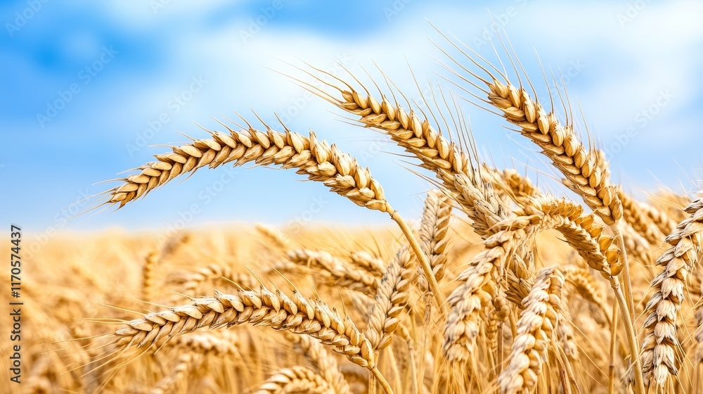 Golden wheat field under a bright blue sky. Golden wheat field under a bright blue sky.
