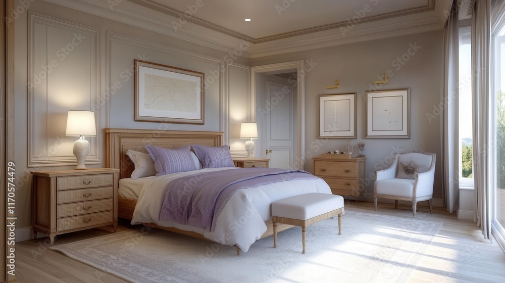 Serene lavender bedroom with soft bedding creating a calming atmosphere in a modern home Serene lavender bedroom with soft bedding creating a calming atmosphere in a modern home