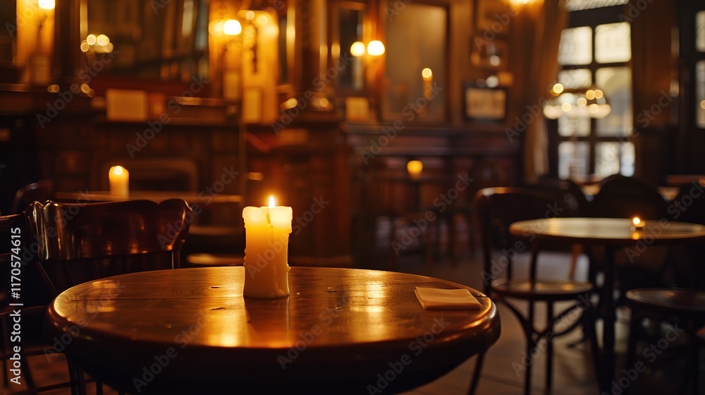 Single candle glowing on a table in a dark room, symbolizing power outage and minimalistic simplicity with ample copy space for design Single candle glowing on a table in a dark room, symbolizing power outage and minimalistic simplicity with ample copy space for design