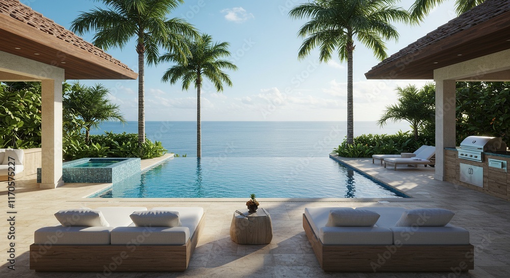Fototapeta premium Tropical Paradise: A luxurious infinity pool seamlessly blends with the azure ocean, creating a tranquil oasis amidst swaying palm trees and verdant landscaping.