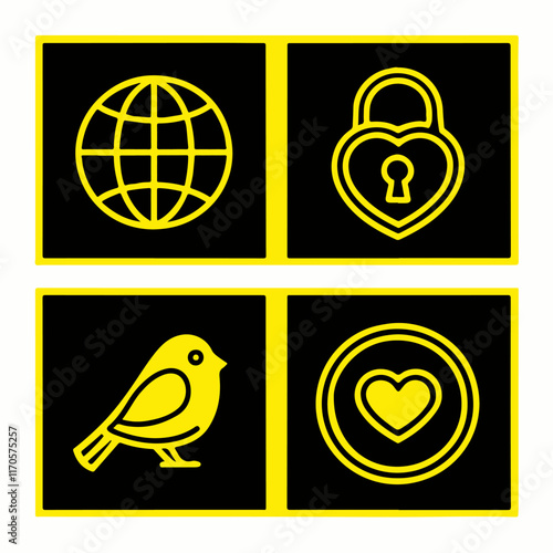 event icon list Globe, Heart Lock, Lovebird vector illustrations with black background