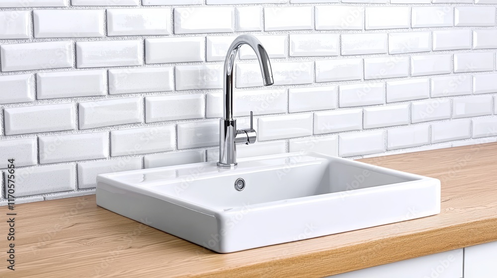 Modern white sink with a sleek faucet on a wooden countertop. Modern white sink with a sleek faucet on a wooden countertop.
