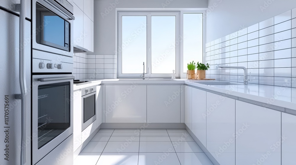 Modern kitchen with white cabinetry and large window for natural light. Modern kitchen with white cabinetry and large window for natural light.