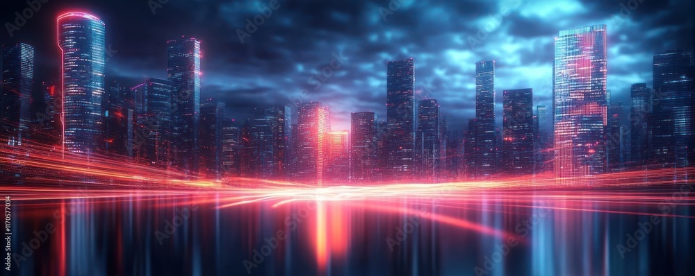 Futuristic Cyberpunk Cityscape Background for AI Data Transfer and Digital Communication Futuristic Cyberpunk Cityscape Background for AI Data Transfer and Digital Communication