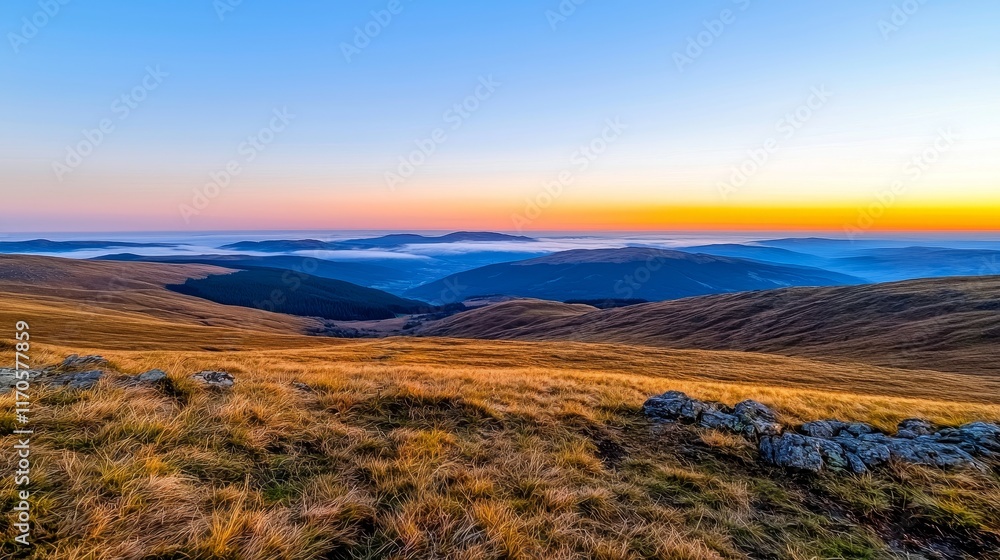 Obraz premium Vast mountainous landscape at sunset with rolling clouds and golden grass.