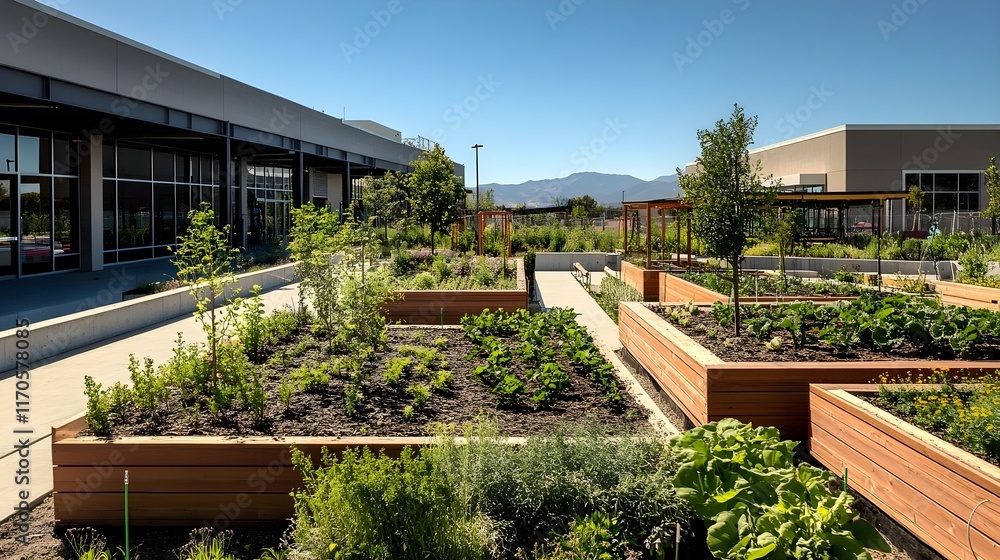 Fototapeta premium Modern community garden with raised beds, various plants, and a mountain view in the background