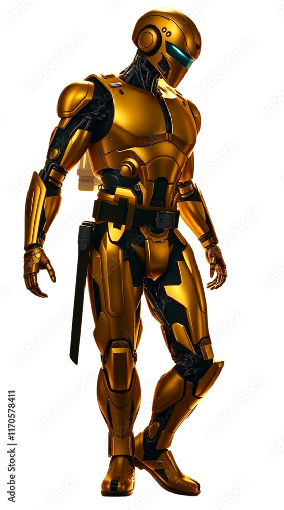 Golden robotic figure stands in confident pose on a transparent background Golden robotic figure stands in confident pose on a transparent background