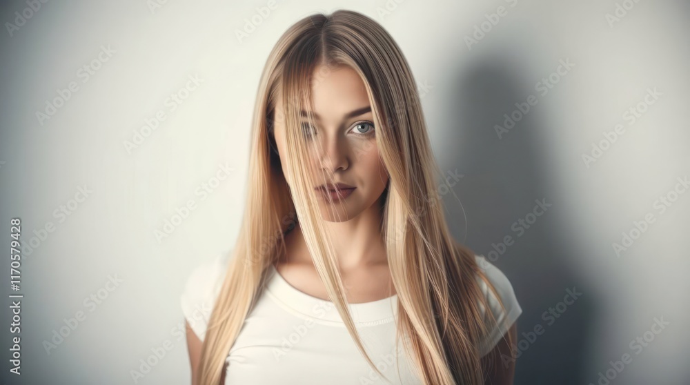 Fototapeta premium Front View of a Person with Long Blonde Hair standing against a Light Wallpaper Background