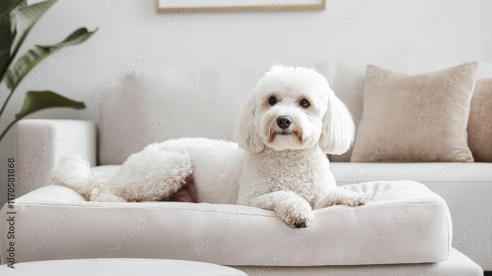 Cute dog lounging on a comfortable pet bed in a cozy living room. Cute dog lounging on a comfortable pet bed in a cozy living room.