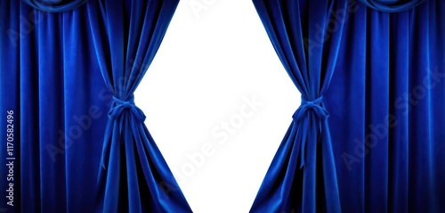 Pair of Elegant Blue Velvet Curtains Framing a Pristine White Background photo