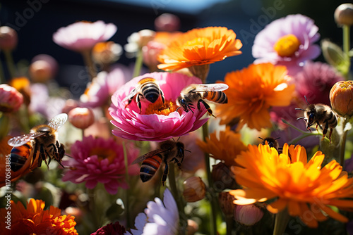 During sun-drenched months, summer meadow bursts with an explosion of vivid hues, teeming with harmonious symphony of buzzing insects, and exudes an invigorating aura of flourishing vitality photo