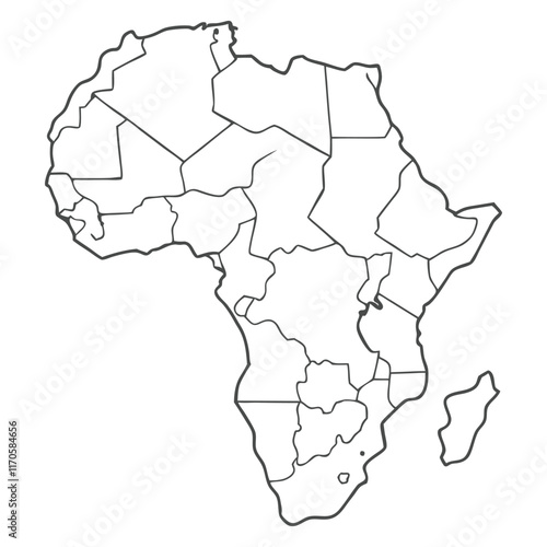 Simple Map of Africa continent black outline with national borders on white background.