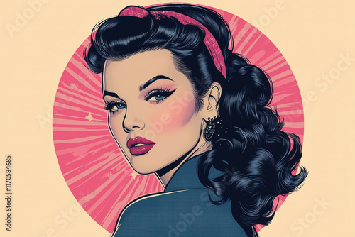 Portrait of a girl, modern t-shirt design in 1950s American rockabilly style, lots of white space