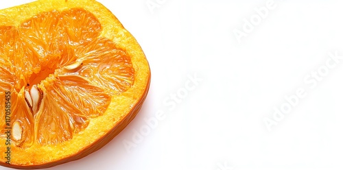 Close-up of a juicy orange slice with seeds on a white background.