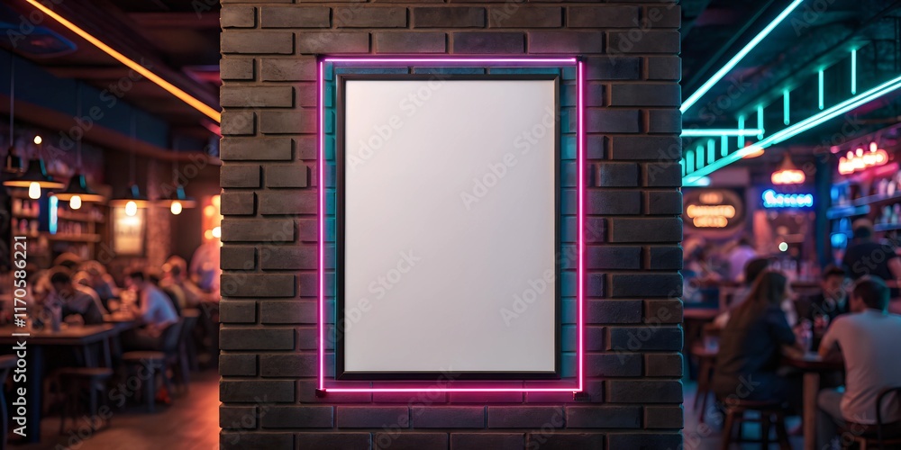 A mockup of a white blank poster framed by pink neon lights on a textured brick wall, set in a cozy bar with ambient lighting and a vibrant nightlife vibe. A mockup of a white blank poster framed by pink neon lights on a textured brick wall, set in a cozy bar with ambient lighting and a vibrant nightlife vibe.