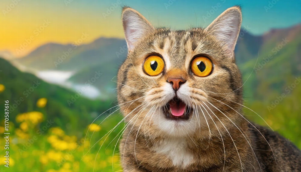 Crazy Surprised Cat with Big Eyes CloseUp on a Colorful Background A Captivating Image of Feline Expressions and Whimsical Charm Crazy Surprised Cat with Big Eyes CloseUp on a Colorful Background A Captivating Image of Feline Expressions and Whimsical Charm