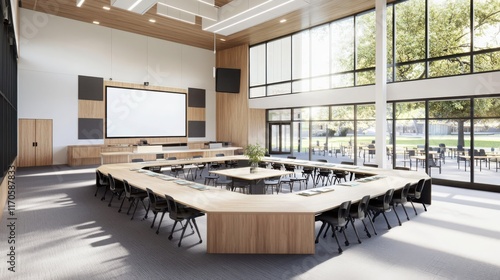 Innovative classroom design featuring open square arrangement modern learning space educational environment natural light engaging atmosphere