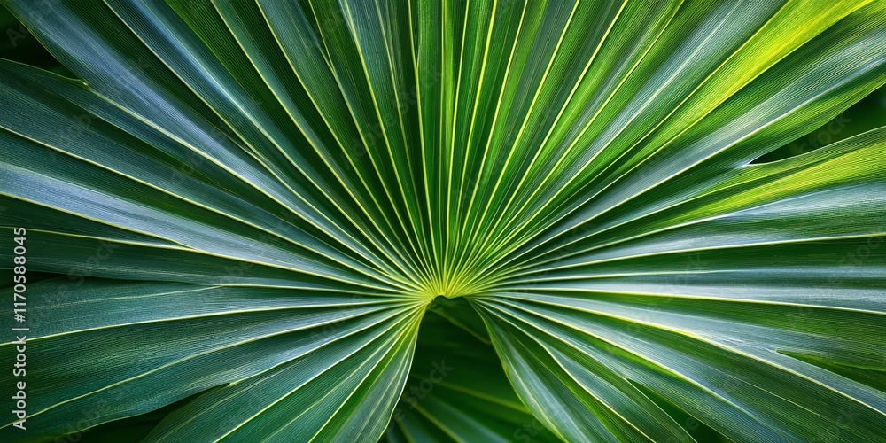 Close-up of a lush green palm leaf with a radial pattern. Close-up of a lush green palm leaf with a radial pattern.
