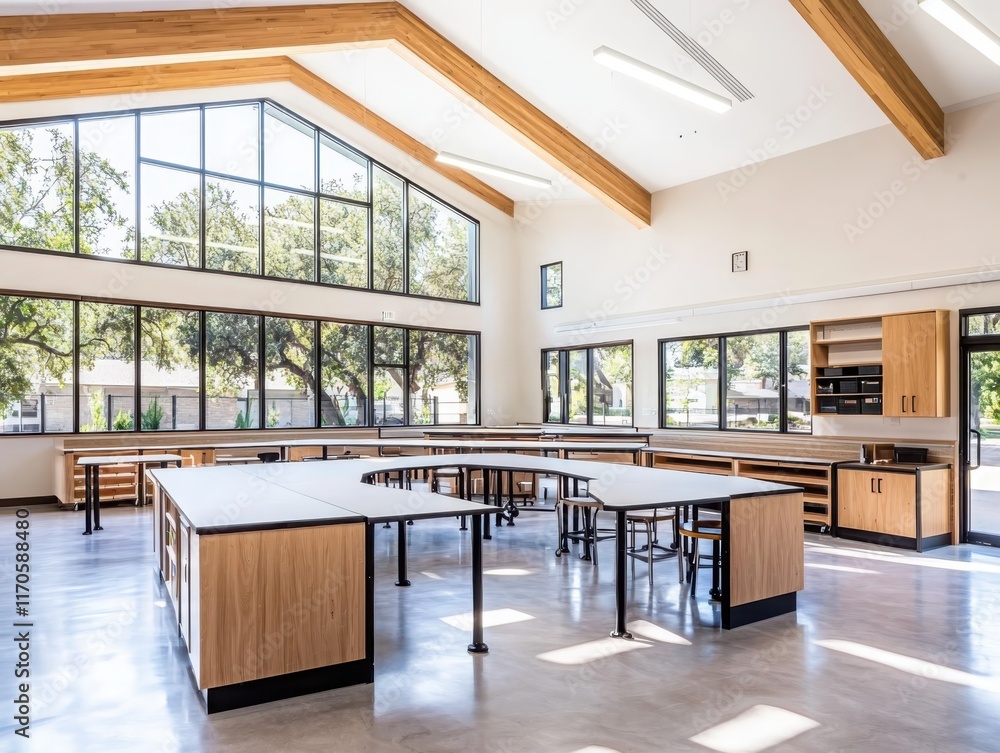 Innovative classroom design featuring maker space concept modern educational facility interior architecture bright environment wide-angle view creativity and learning Innovative classroom design featuring maker space concept modern educational facility interior architecture bright environment wide-angle view creativity and learning