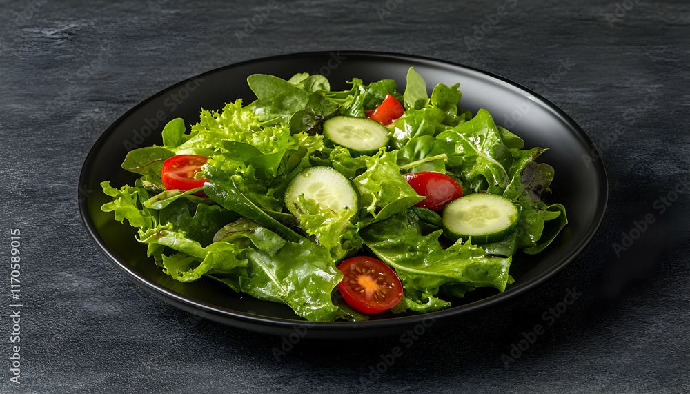 Fresh green salad with cucumber and cherry tomatoes on a black plate. Healthy eating concept. Fresh green salad with cucumber and cherry tomatoes on a black plate. Healthy eating concept.