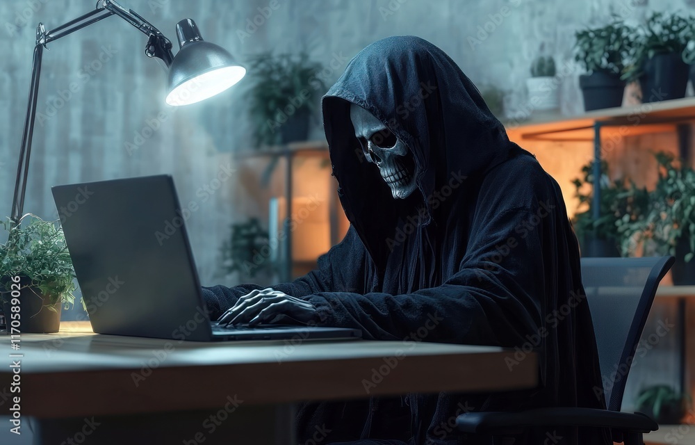 Skeleton in Grim Reaper Cloak at Office Desk with Laptop and Phone Discussing Work Issues Skeleton in Grim Reaper Cloak at Office Desk with Laptop and Phone Discussing Work Issues