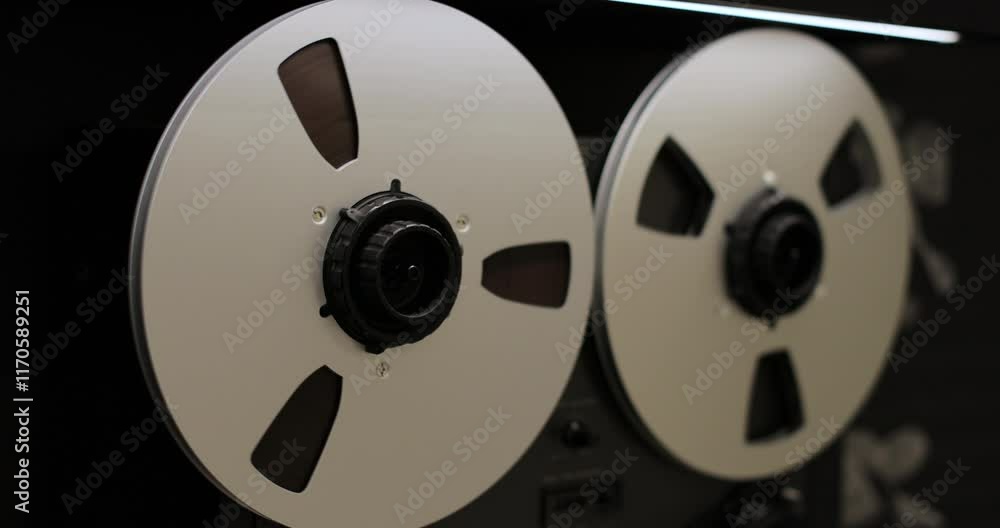 Reel to reel tape recorder playing. Rotating vintage music player close up. Retro tape. Old school concept.