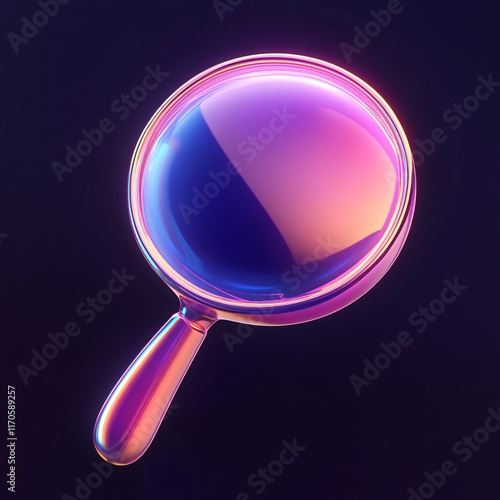 3D Magnifying Glass Icon, Glossy Neon Gradient on Dark Background photo