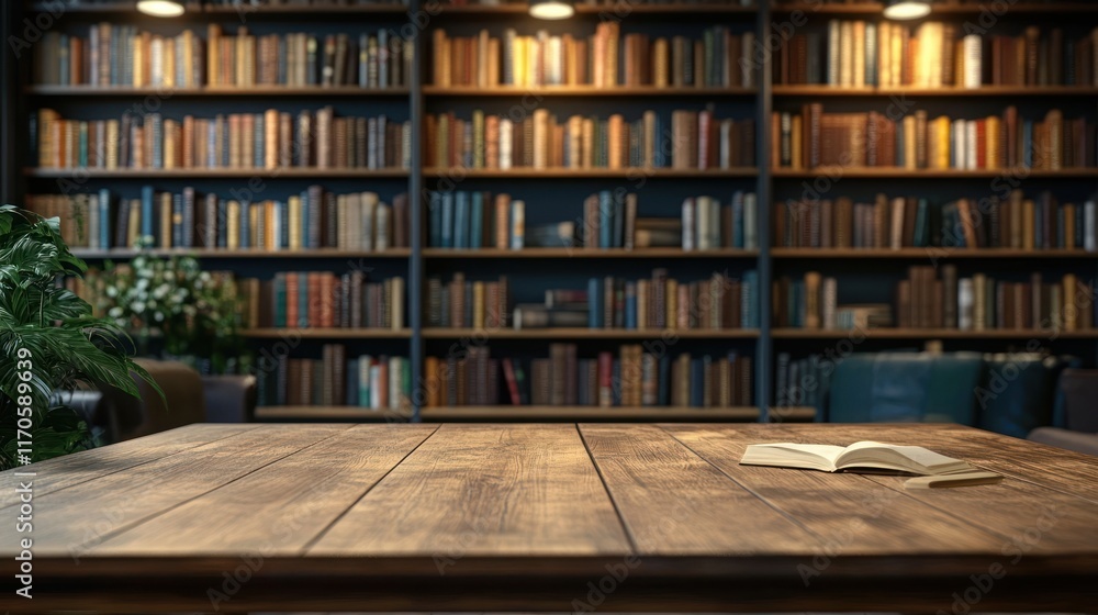 Cozy Library Interior with Wooden Table and Blurred Bookshelves in Background Cozy Library Interior with Wooden Table and Blurred Bookshelves in Background