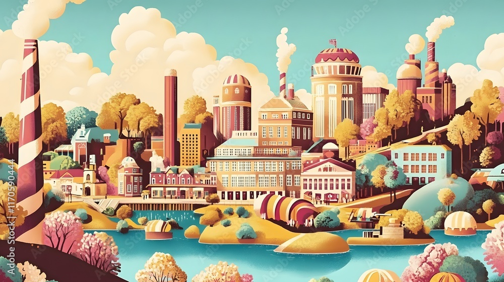 Fototapeta premium Idyllic Townscape Featuring Buildings Trees and a River