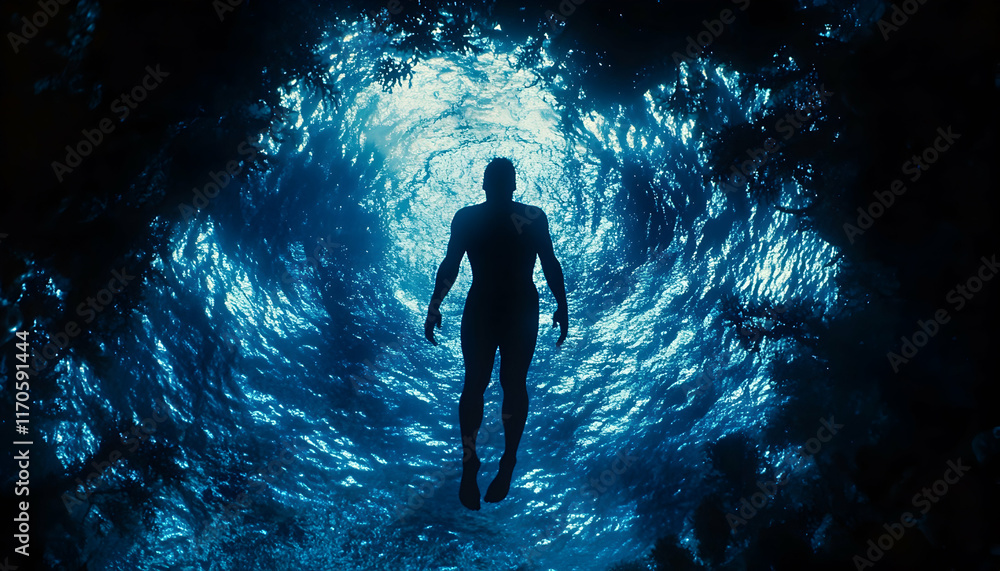 Silhouetted figure of a person floating serenely beneath the ocean's surface, light filtering from above creating a dramatic underwater scene.