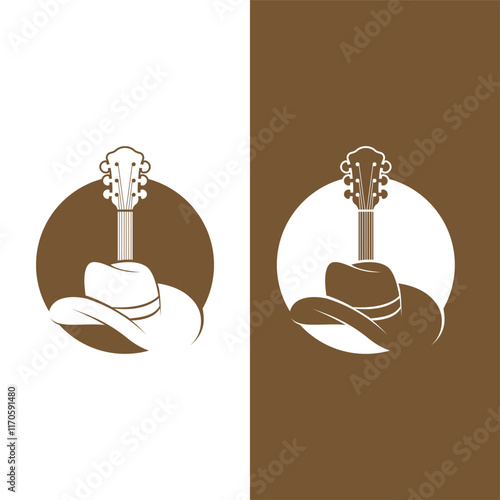 Guitar logo design vector template. Classic Vintage Retro Label Badge for Country Guitar Music Western Saloon Bar Cowboy Logo Design Template