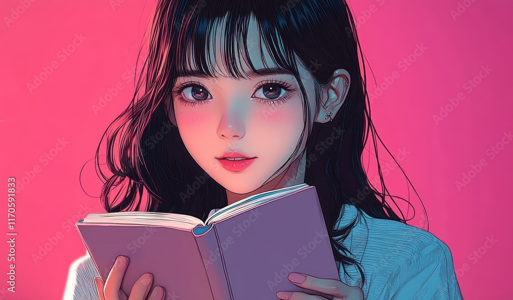 Cute Anime Girl Holding a Book in Vibrant Colors with Soft Shadows and Pastel Background Cute Anime Girl Holding a Book in Vibrant Colors with Soft Shadows and Pastel Background