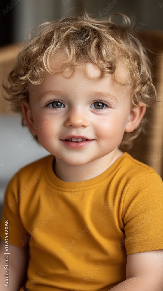 Smiling toddler in yellow shirt indoors
Smiling toddler in yellow shirt indoors