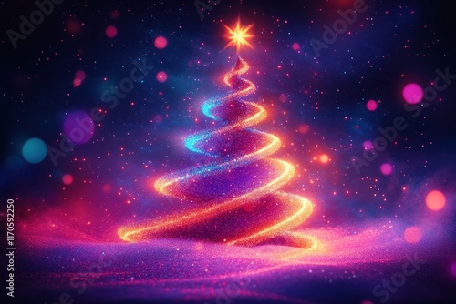 A colorful neon Christmas tree glows with festive lights against a purple background celebrating holiday joy and winter magic photo