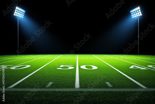 Football field with bright yard lines, under stadium lights against a dark backdrop. Concept of sports venue, competition, and night games. Ai generative photo