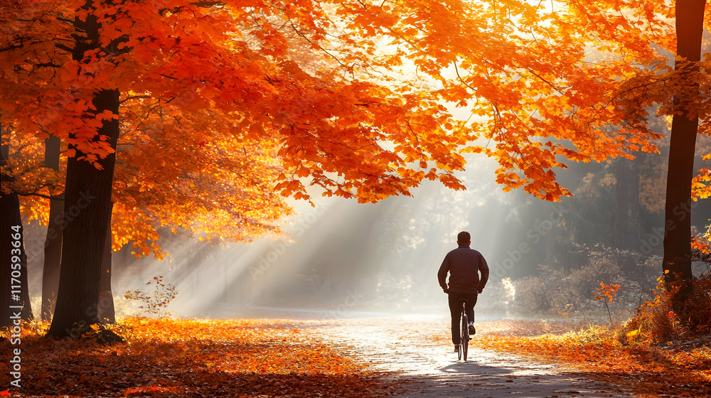 Fototapeta premium Man cycling through autumnal park, sunbeams illuminating path, vibrant fall foliage.