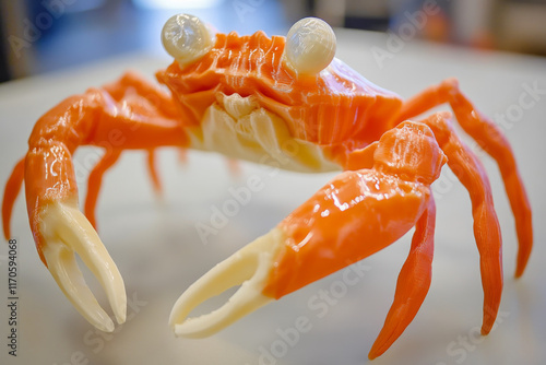 Art object printed on 3D printer from melted plastic close-up. Model of crab created on 3D printer. 3D Printing technology. Additive progressive technology. New modern technologies. Blue white color photo