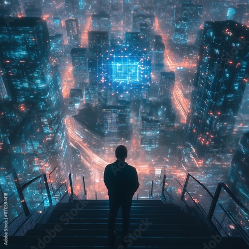 Man on staircase looking at city with network hologram